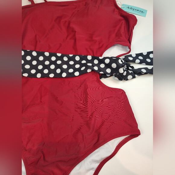 New Red Black Polka Dot One Piece Swimsuit 856 Cutouts Side Sash Size L - Picture 2 of 9